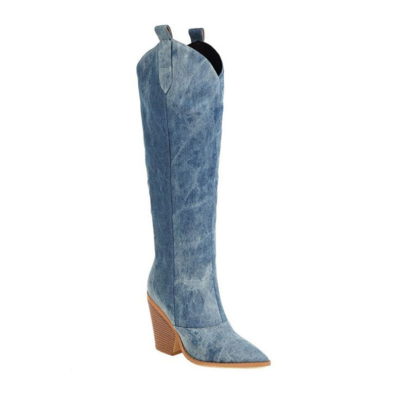 Dakota | Pointed Toe Cuban Heel Denim Western Boots
