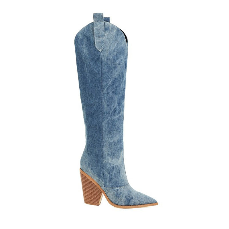Dakota | Pointed Toe Cuban Heel Denim Western Boots