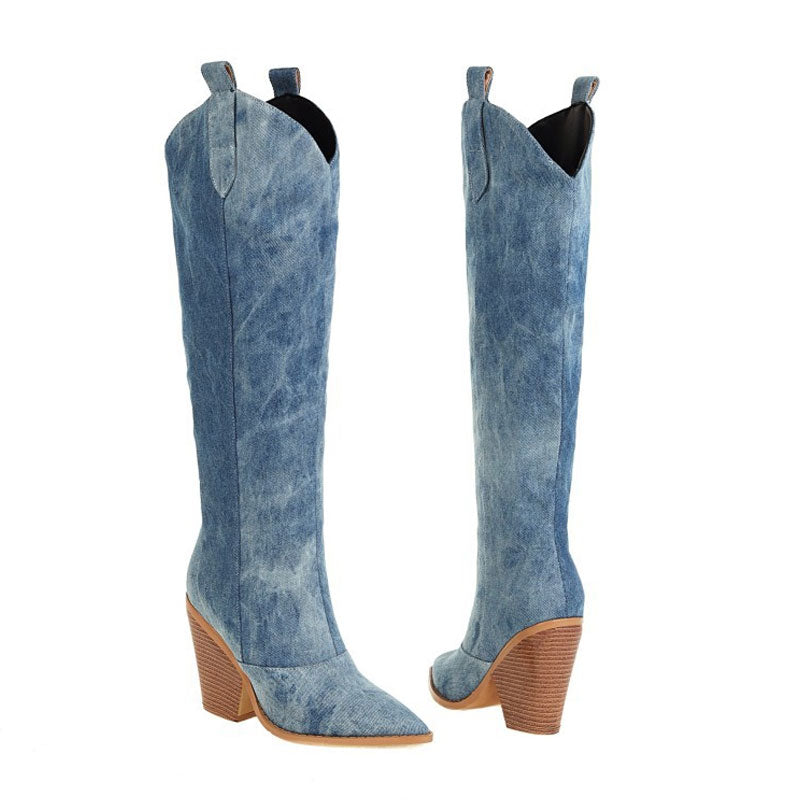 Dakota | Pointed Toe Cuban Heel Denim Western Boots