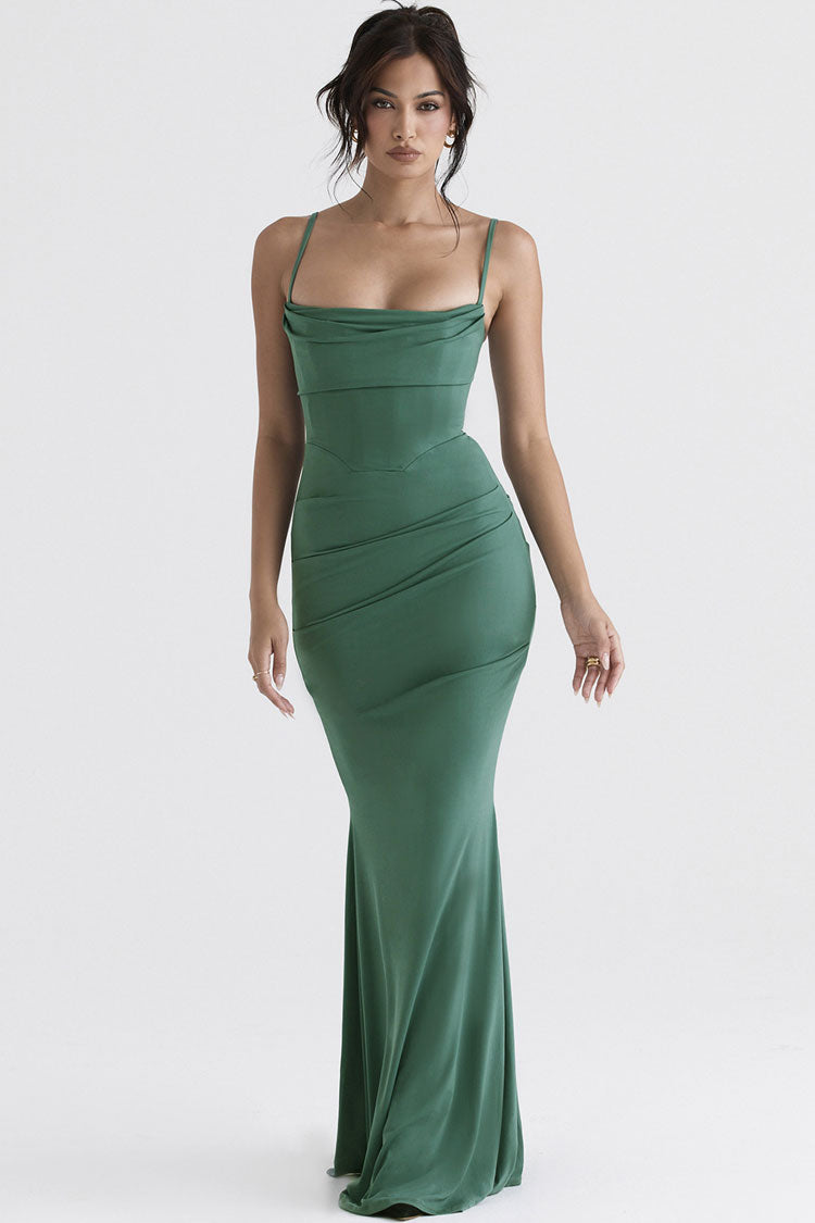 Selene | Ruched Corset Fishtail Evening Maxi Dress with Square Neck