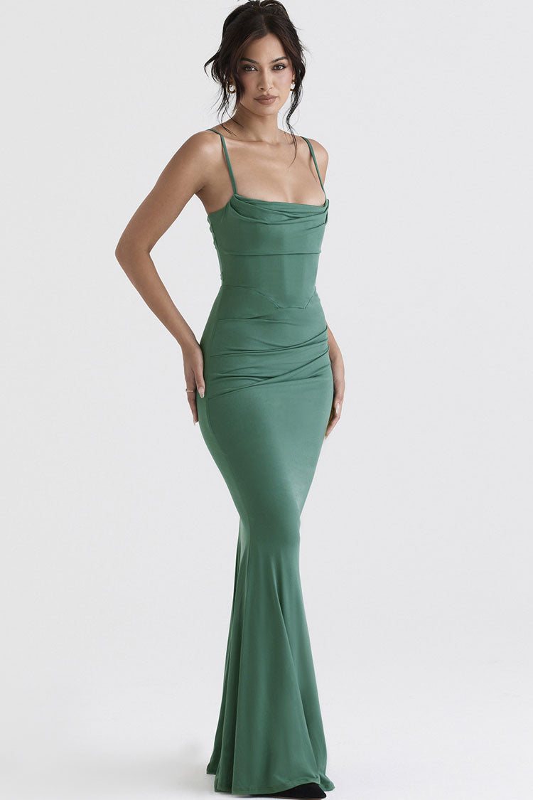 Selene | Ruched Corset Fishtail Evening Maxi Dress with Square Neck